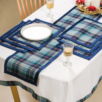 Blue Plaid Table Mat And Runner Set Of 7