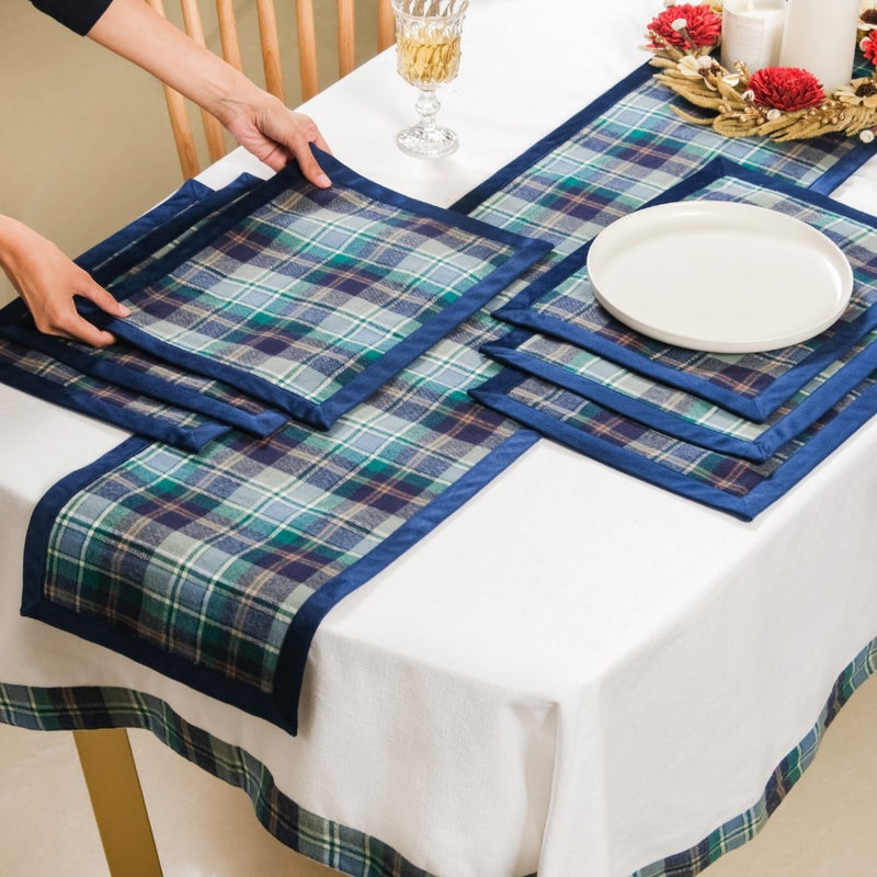 Blue Plaid Table Mat And Runner Set Of 7
