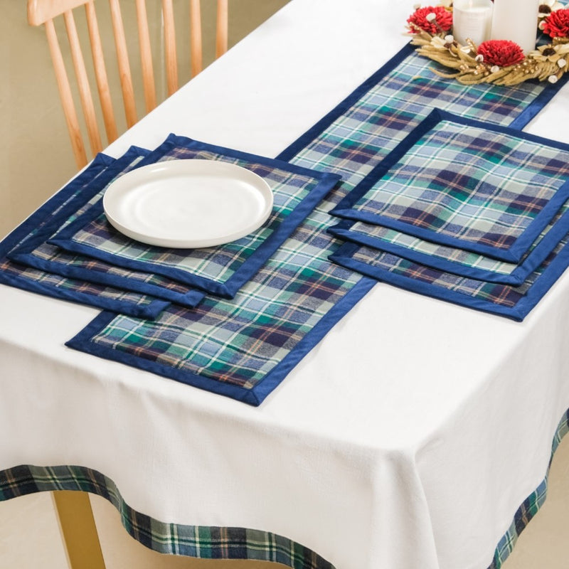 Blue Plaid Table Mat And Runner Set Of 7