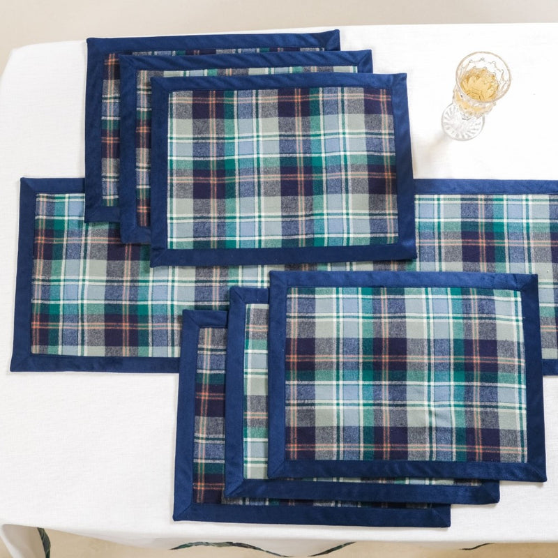 Blue Plaid Table Mat And Runner Set Of 7