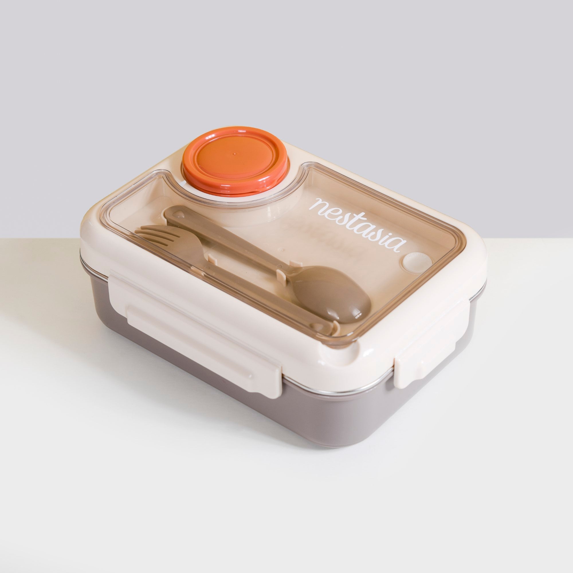 3 Grid Brown Lunch Box With Spoon & Fork Online | Nestasia