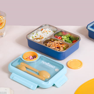 Bento Lunch Box With 3 Individual Leakproof Compartments Blue 750ml