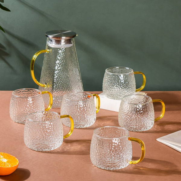 Glass Jug And Cup Set of 6 - Tea set, glass jug set, glassware set | Drinkware set for Dining table & Home decor