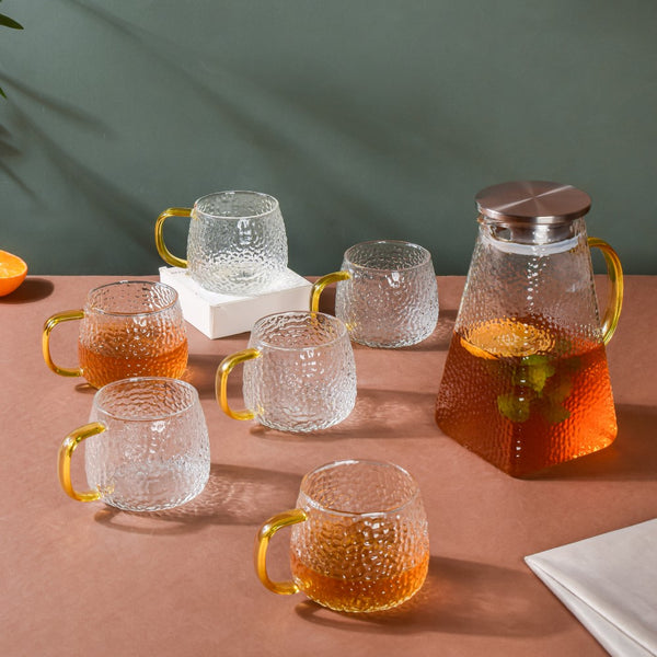 Glass Jug And Cup Set of 6 - Tea set, glass jug set, glassware set | Drinkware set for Dining table & Home decor
