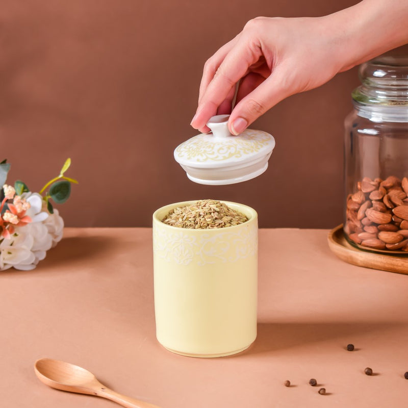 Riona Floral Ceramic Jar With Lid Yellow