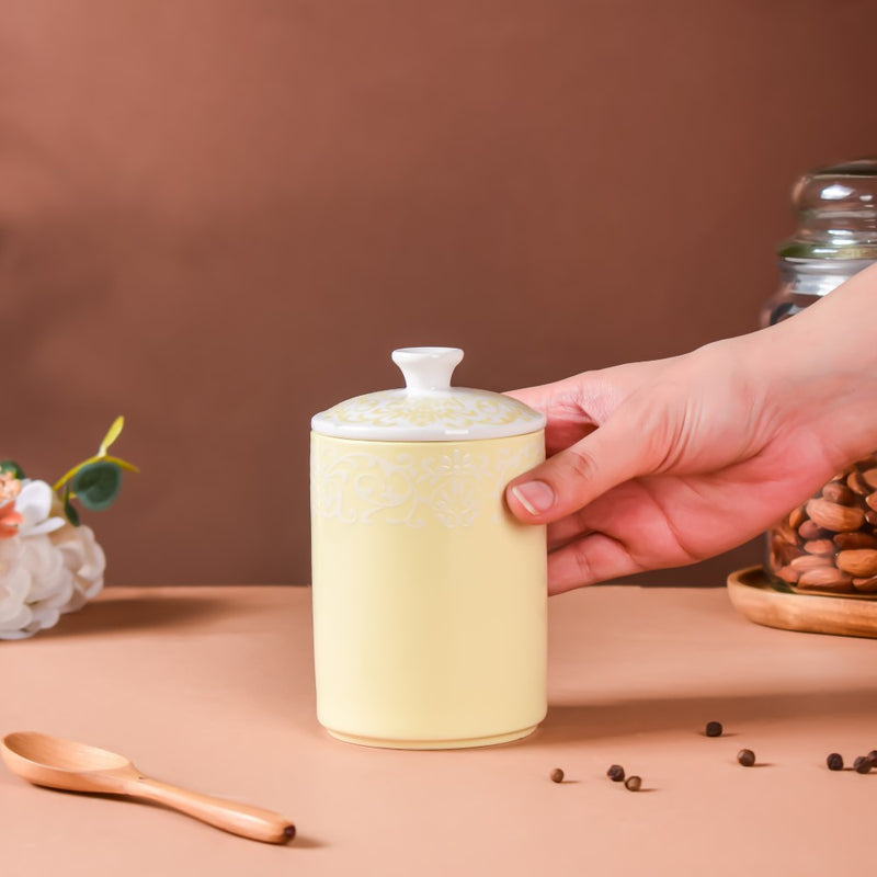 Riona Floral Ceramic Jar With Lid Yellow