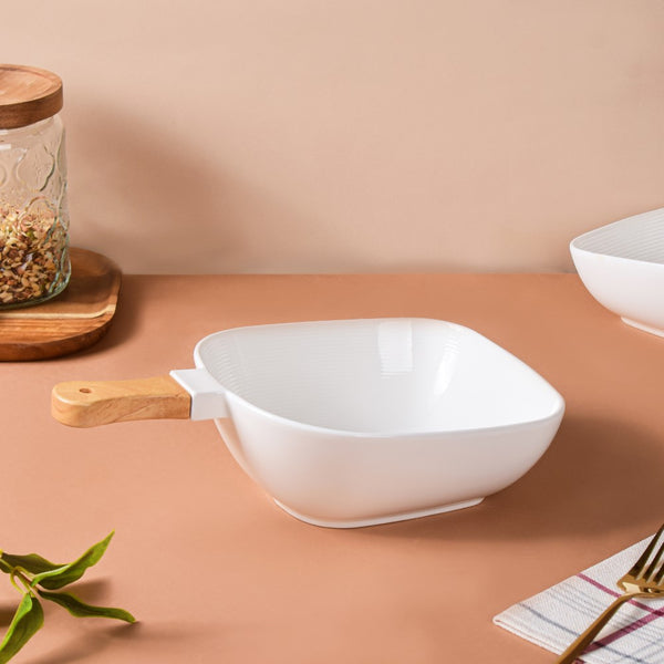 Riona Ceramic Bowl With Wooden Handle White Large - Serving bowls, noodle bowl, snack bowl, popcorn bowls | Bowls for dining & home decor