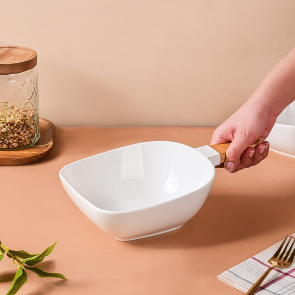 Riona Ceramic Bowl With Wooden Handle White Large - Serving bowls, noodle bowl, snack bowl, popcorn bowls | Bowls for dining & home decor