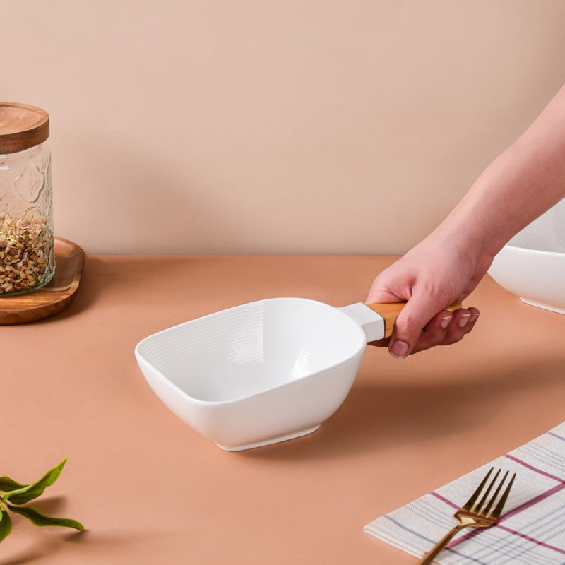 Riona Textured Bowl With Wooden Handle White - Serving bowls, noodle bowl, snack bowl, popcorn bowls | Bowls for dining & home decor