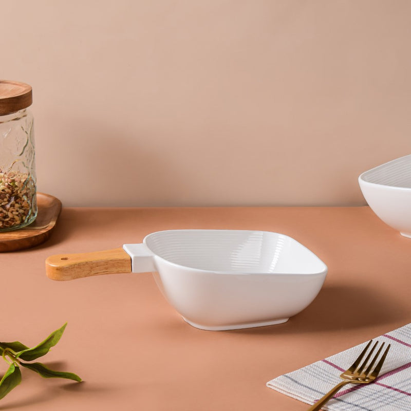 Riona Textured Bowl With Wooden Handle White - Serving bowls, noodle bowl, snack bowl, popcorn bowls | Bowls for dining & home decor