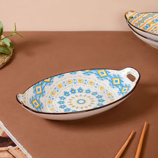 Mandala Yellow Diamond Ceramic Baking Plate With Handle