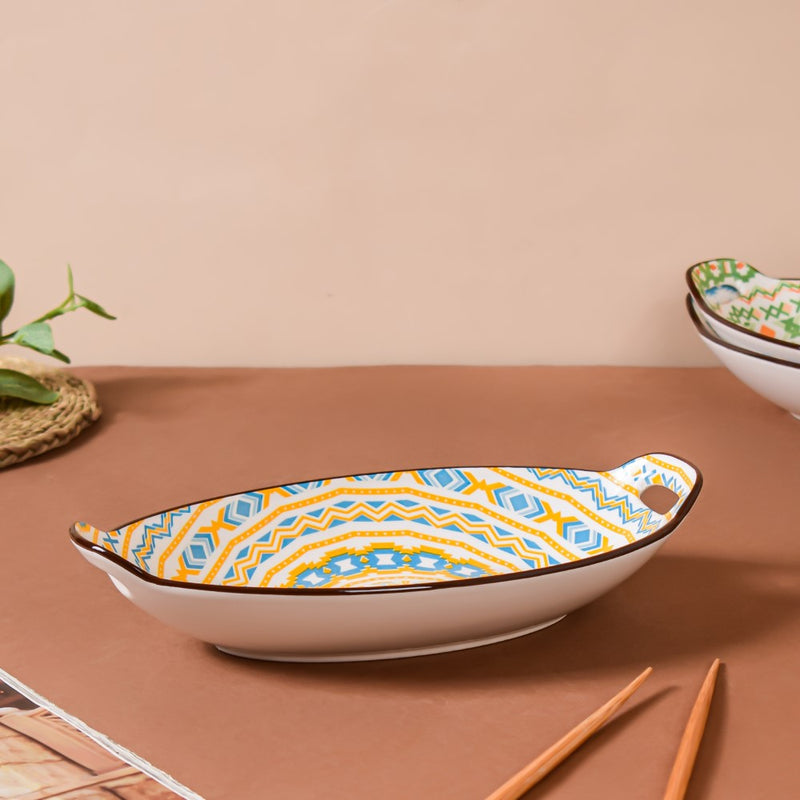 Mandala Spiral Ceramic Baking Plate With Handle - Ceramic platter, serving platter, fruit platter | Plates for dining table & home decor