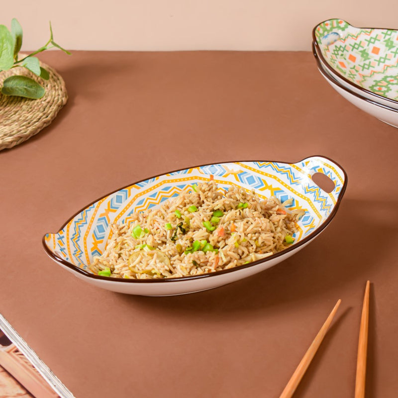 Mandala Spiral Ceramic Baking Plate With Handle - Ceramic platter, serving platter, fruit platter | Plates for dining table & home decor