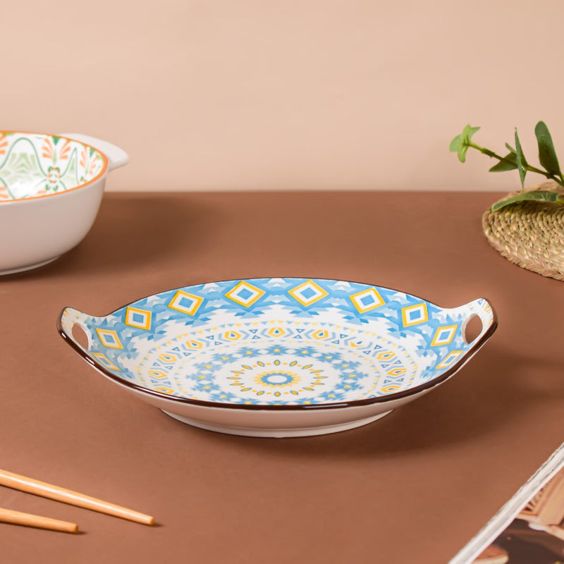 Mandala Blue Ceramic Round Plate With Handle - Ceramic platter, serving platter, fruit platter | Plates for dining table & home decor