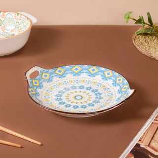 Mandala Blue Ceramic Round Plate With Handle
