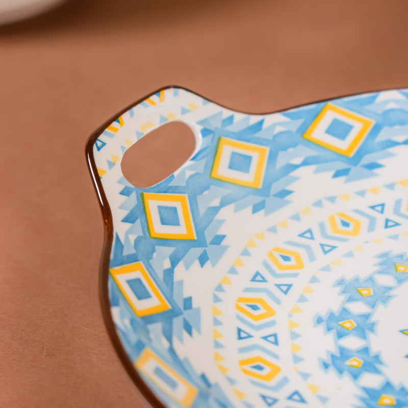 Mandala Blue Ceramic Round Plate With Handle - Ceramic platter, serving platter, fruit platter | Plates for dining table & home decor