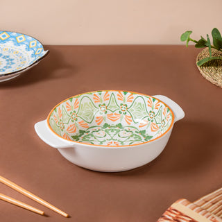 Mandala Green Floral Ceramic Baking Bowl With Handle 9 inch