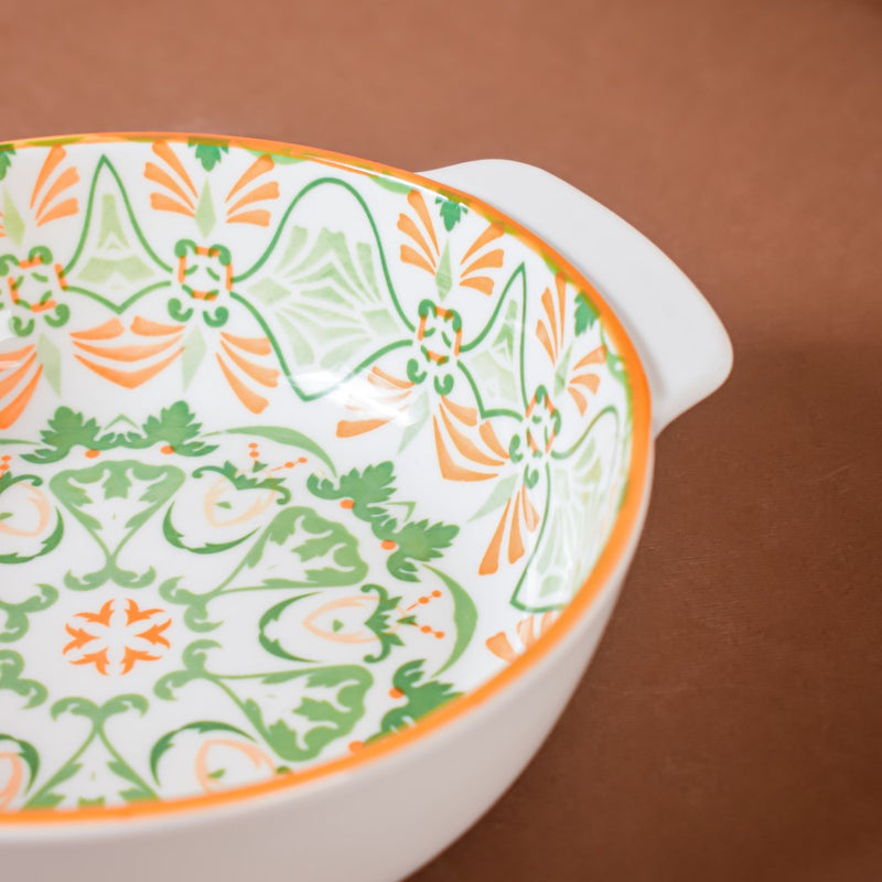Mandala Green Floral Ceramic Baking Bowl With Handle 9 inch - Baking Dish