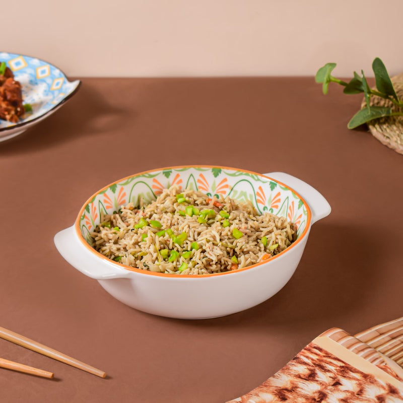 Mandala Green Floral Ceramic Baking Bowl With Handle 9 inch - Baking Dish