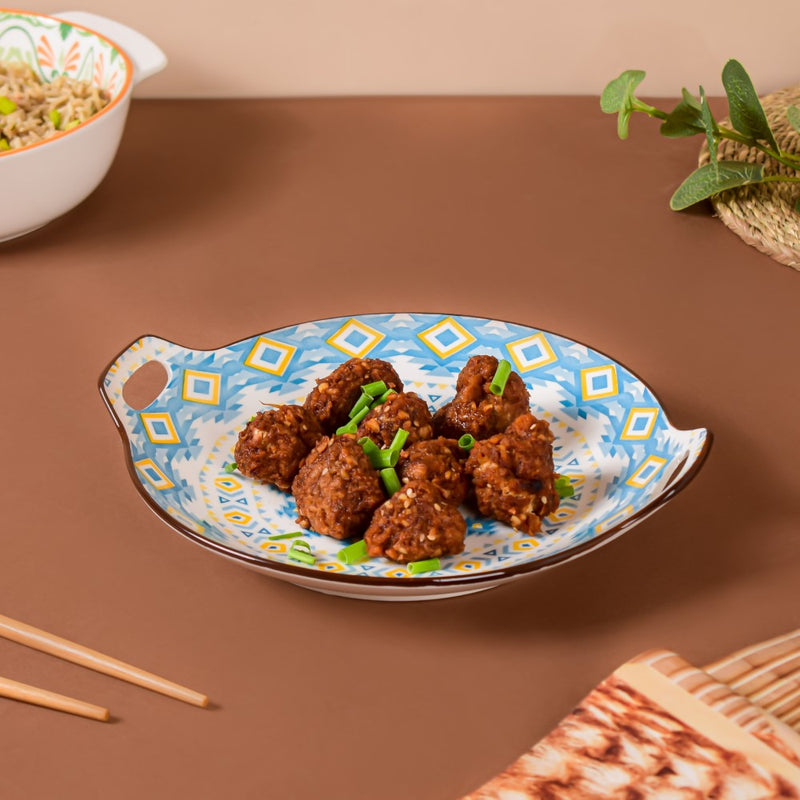 Mandala Blue Ceramic Round Plate With Handle - Ceramic platter, serving platter, fruit platter | Plates for dining table & home decor