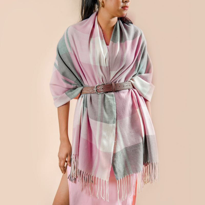 Plaid Pink And Grey Winter Blanket Scarf