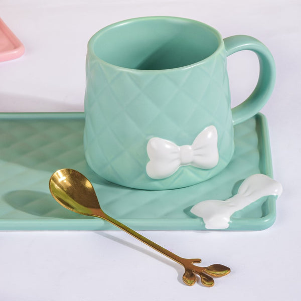 Bow Cup With Rectangular Plate Green 260 ml- Tea cup, coffee cup, cup for tea | Cups and Mugs for Office Table & Home Decoration