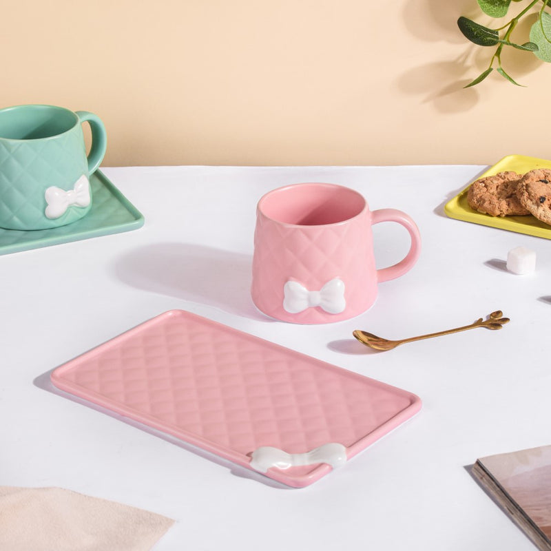 Bow Cup With Rectangular Plate Pink 260 ml- Tea cup, coffee cup, cup for tea | Cups and Mugs for Office Table & Home Decoration