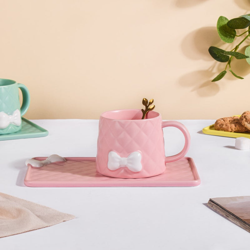 Bow Cup With Rectangular Plate Pink 260 ml- Tea cup, coffee cup, cup for tea | Cups and Mugs for Office Table & Home Decoration