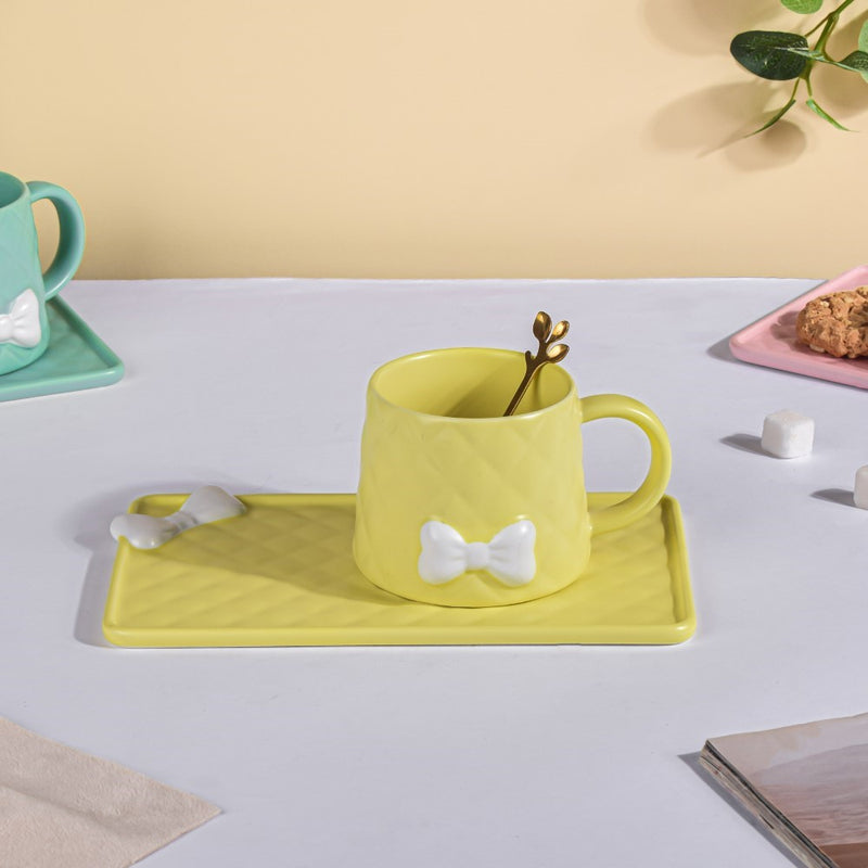 Bow Cup With Rectangular Plate Yellow 260 ml- Tea cup, coffee cup, cup for tea | Cups and Mugs for Office Table & Home Decoration