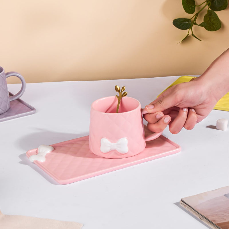 Bow Cup With Rectangular Plate Pink 260 ml- Tea cup, coffee cup, cup for tea | Cups and Mugs for Office Table & Home Decoration