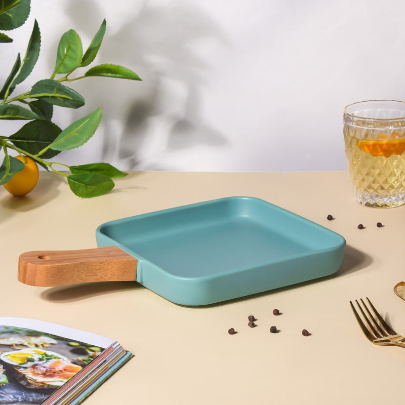 Square Plate With Wooden Handle Green - Ceramic platter, serving platter, fruit platter | Plates for dining table & home decor