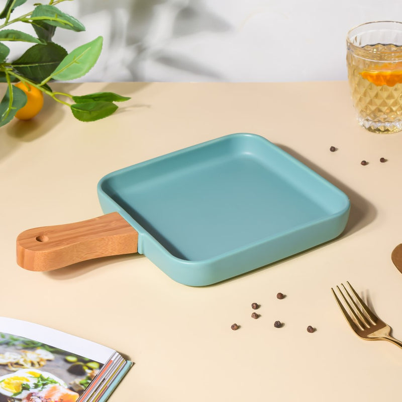 Square Plate With Wooden Handle Green - Ceramic platter, serving platter, fruit platter | Plates for dining table & home decor