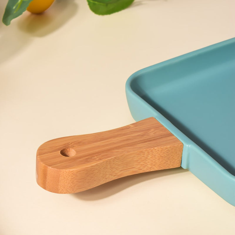 Square Plate With Wooden Handle Green - Ceramic platter, serving platter, fruit platter | Plates for dining table & home decor