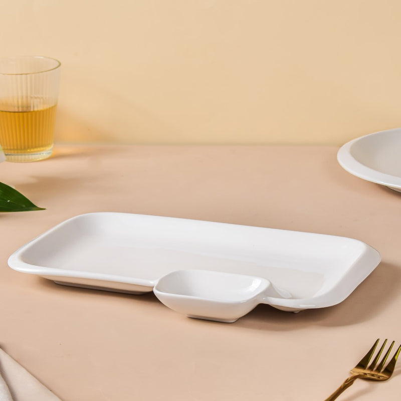 Serena Lily White Rectangle Section Plate Large - Serving plate, snack plate, momo plate, plate with compartment | Plates for dining table & home decor