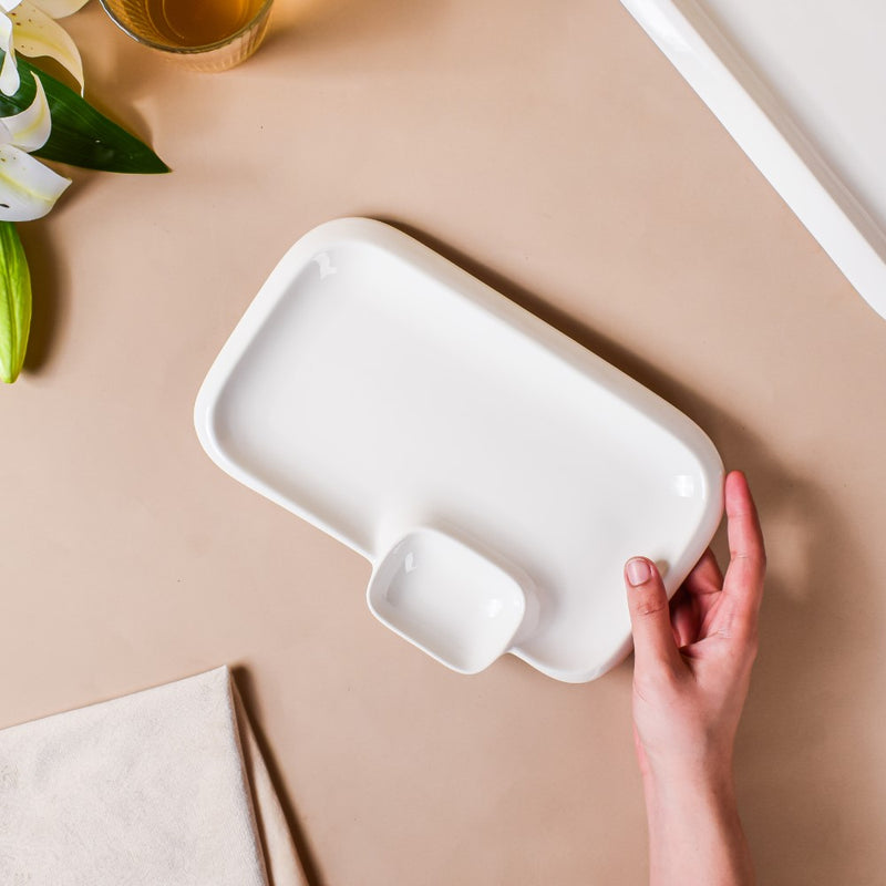 Serena Lily White Rectangle Section Plate Small - Serving plate, snack plate, momo plate, plate with compartment | Plates for dining table & home decor