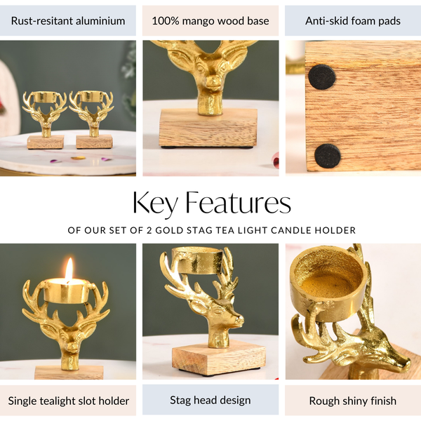 Set Of 2 Gold Stag Tea Light Candle Holder