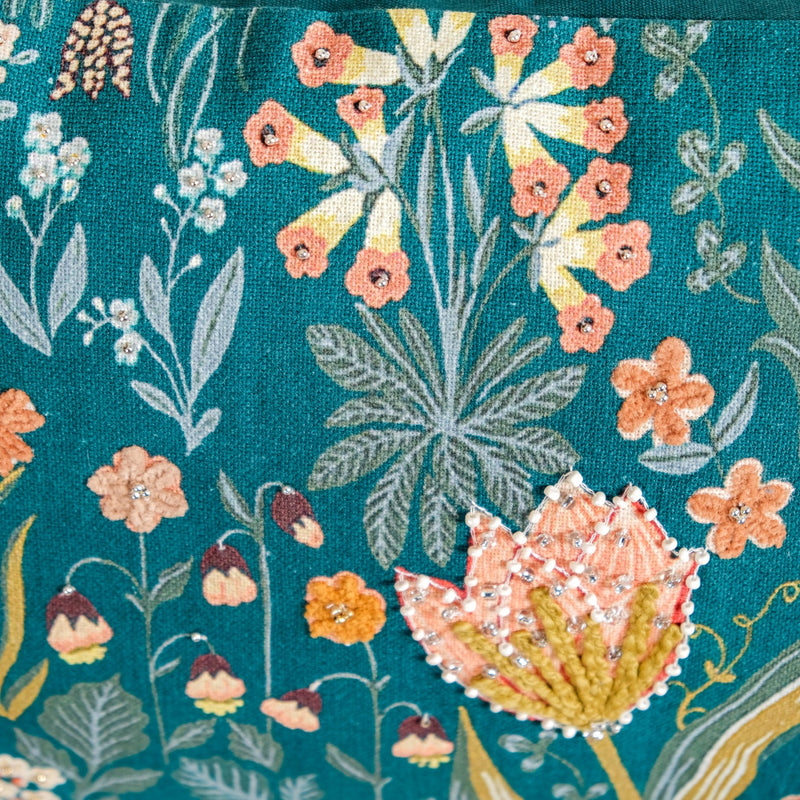 Floral Whimsy Dark Green Embroidered Cushion Cover 20x14 Inch