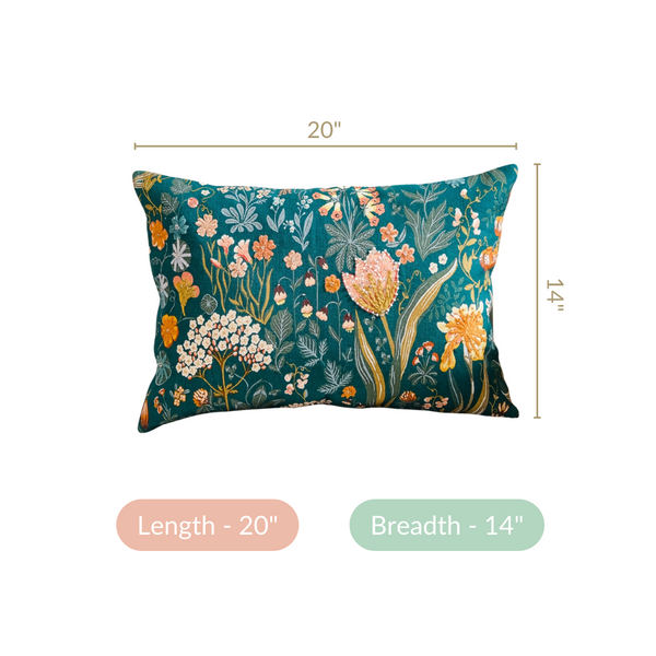 Floral Whimsy Dark Green Embroidered Cushion Cover 20x14 Inch