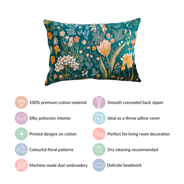 Floral Whimsy Dark Green Embroidered Cushion Cover 20x14 Inch