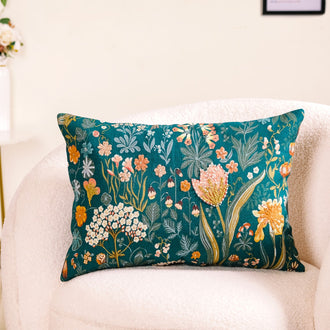 Floral Whimsy Dark Green Embroidered Cushion Cover 20x14 Inch