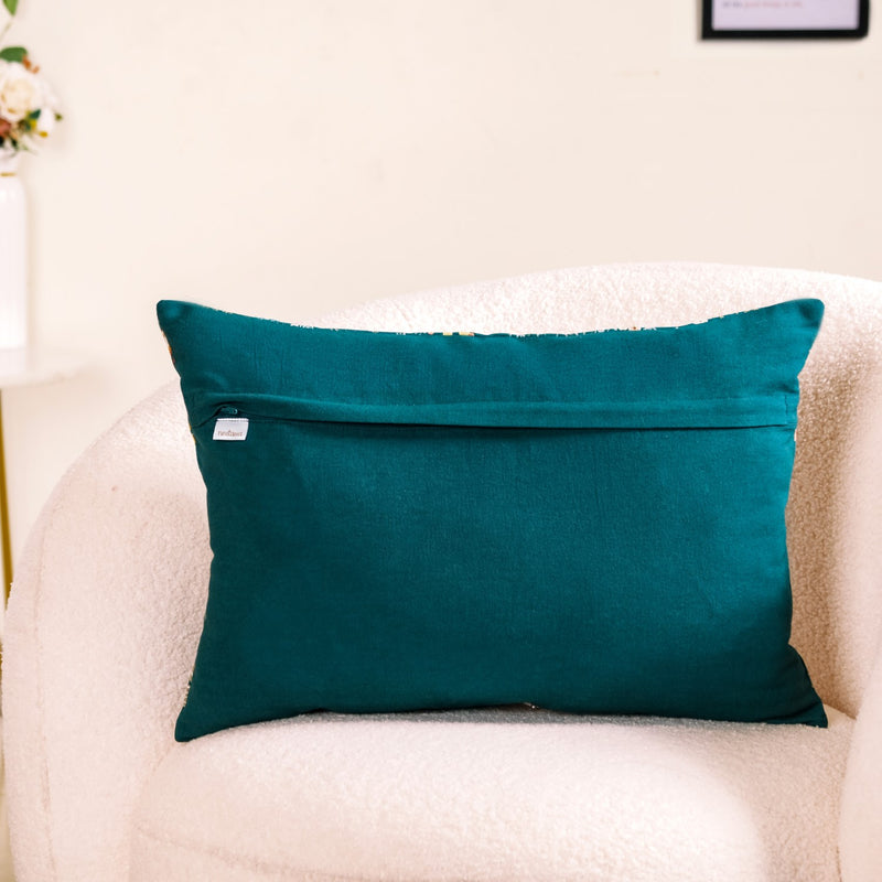 Floral Whimsy Dark Green Embroidered Cushion Cover 20x14 Inch