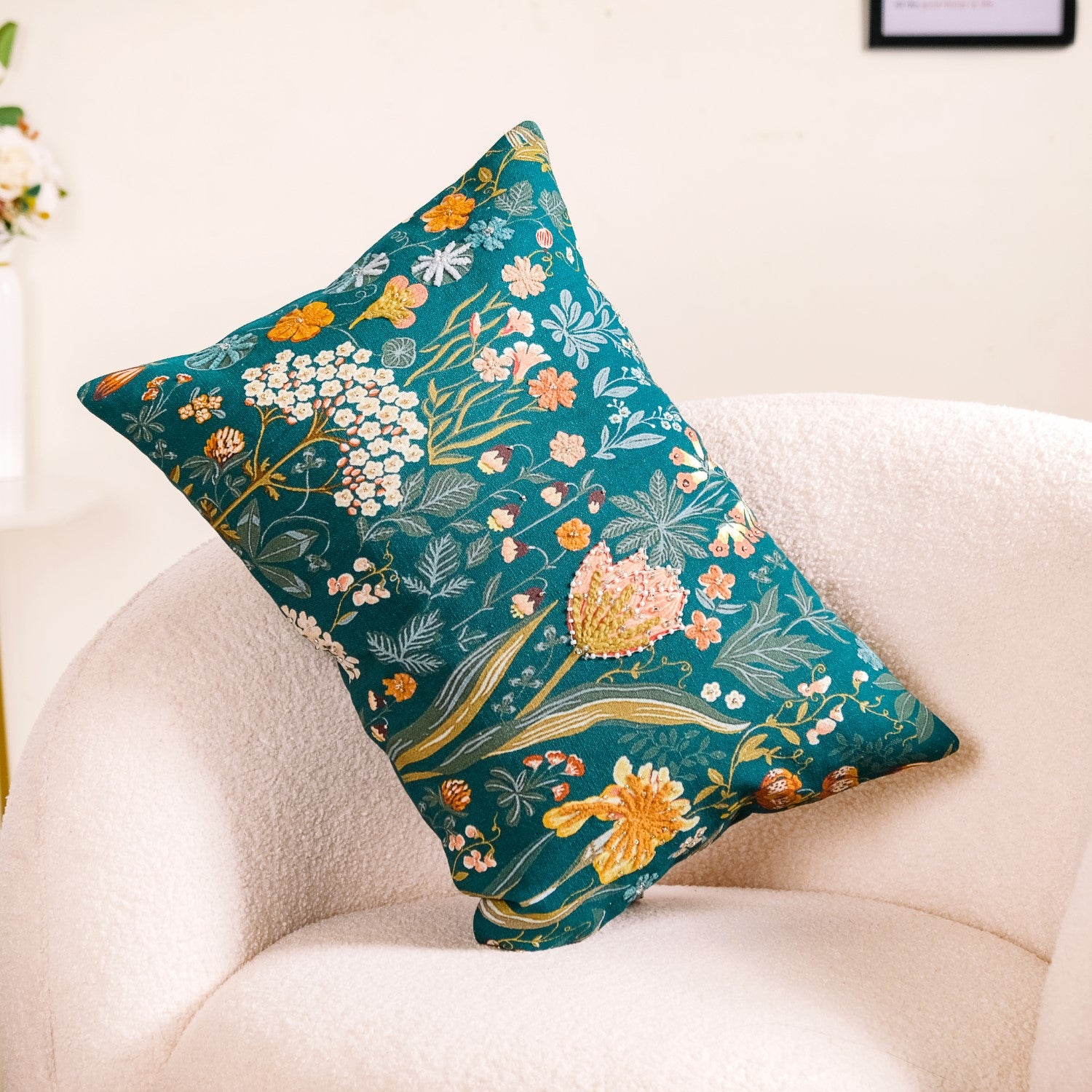 Floral Whimsy Dark Green Embroidered Cushion Cover 20x14 Inch