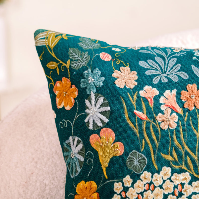 Floral Whimsy Dark Green Embroidered Cushion Cover 20x14 Inch