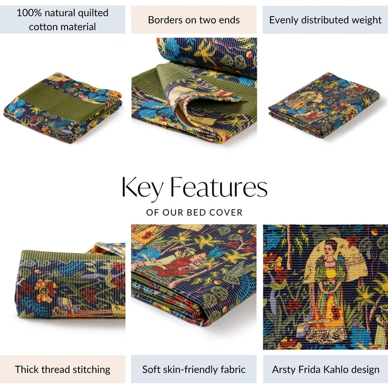 Dark Blue Frida Kahlo Inspired Quilted Cotton Bedcover 250x222cm