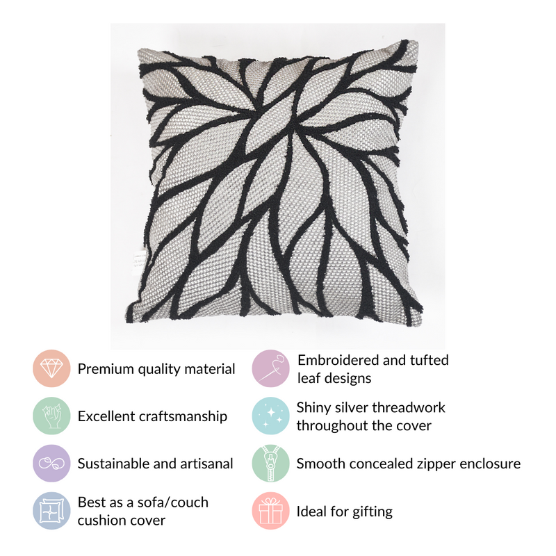 Decorative Leaf Pattern Cushion Cover Black 15x15 Inch