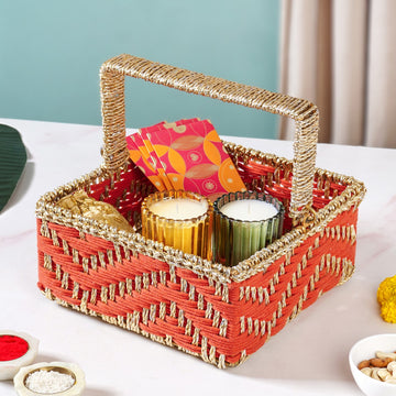 Decorative Handwoven Gift Basket With Handle Orange
