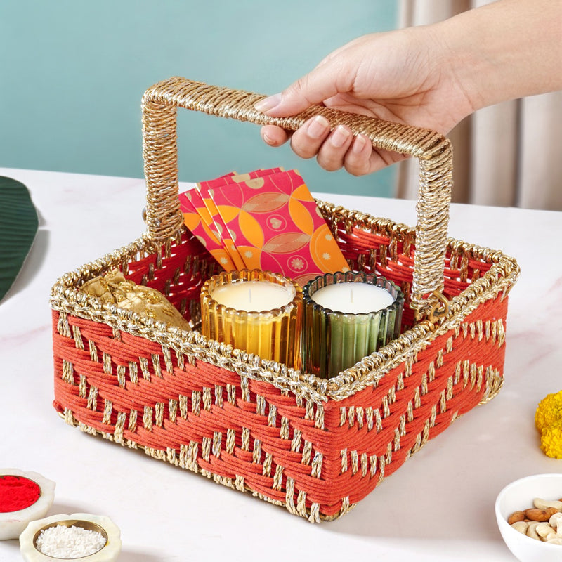 Decorative Handwoven Gift Basket With Handle Orange