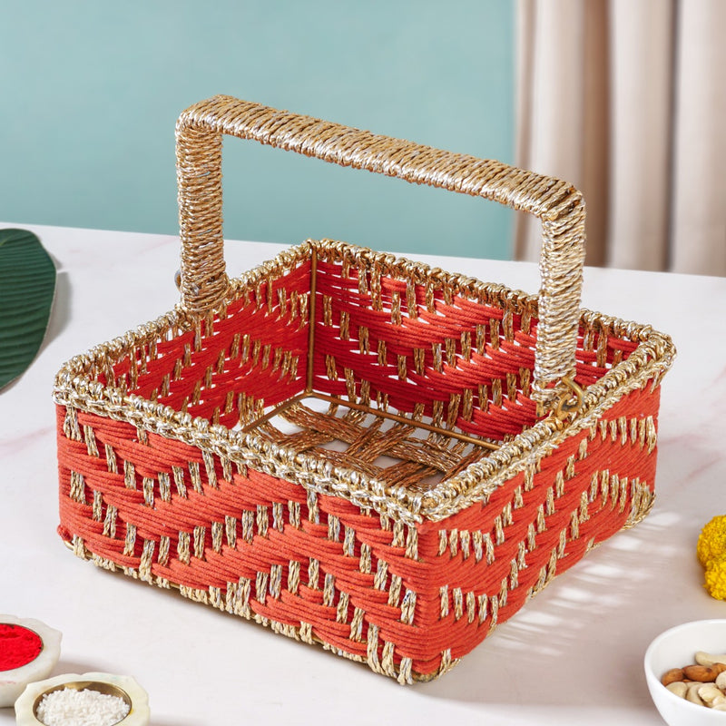 Decorative Handwoven Gift Basket With Handle Orange