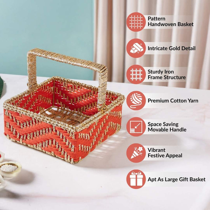 Decorative Handwoven Gift Basket With Handle Orange