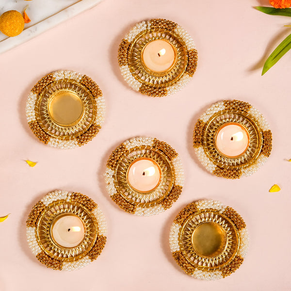 Decorative Pearl Gold Beaded Tealight Holders Set Of 6